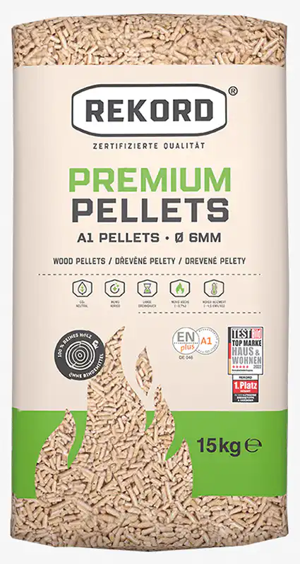 Pellet-Rekord-Front.webp Rekord Pellets ENPlus A1 – Palette (66Sack) 990kg – Bild 1
