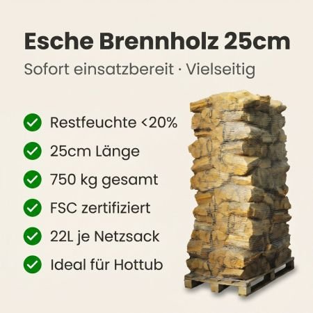 88 Bündel gespaltenes und ofengetrocknetes Eschenholz, 25 cm