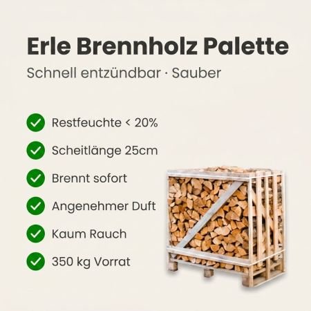 Halbe Palette gespaltenes, kammergetrocknetes Erlenbrennholz, 25 cm
