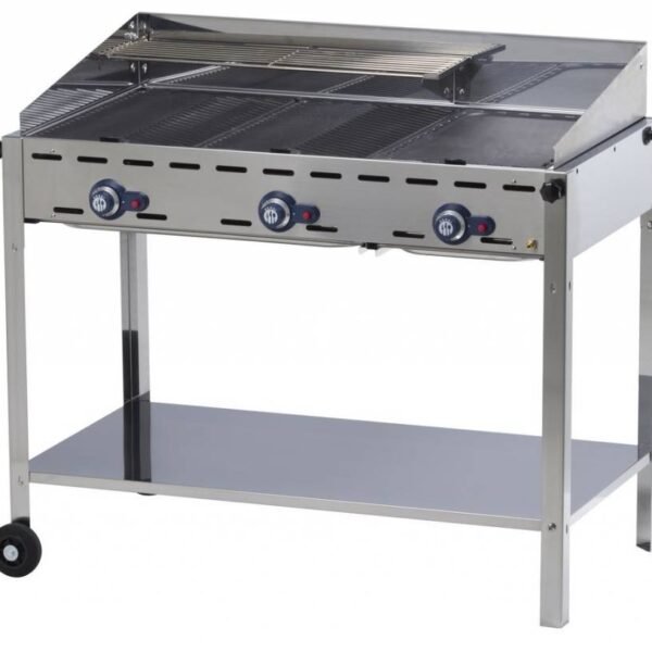 Green Fire Profi Grill - 3 Brenner - Grillplatte aus Gußeisen + GN1/ Rost - 1078x612x(h)825mm